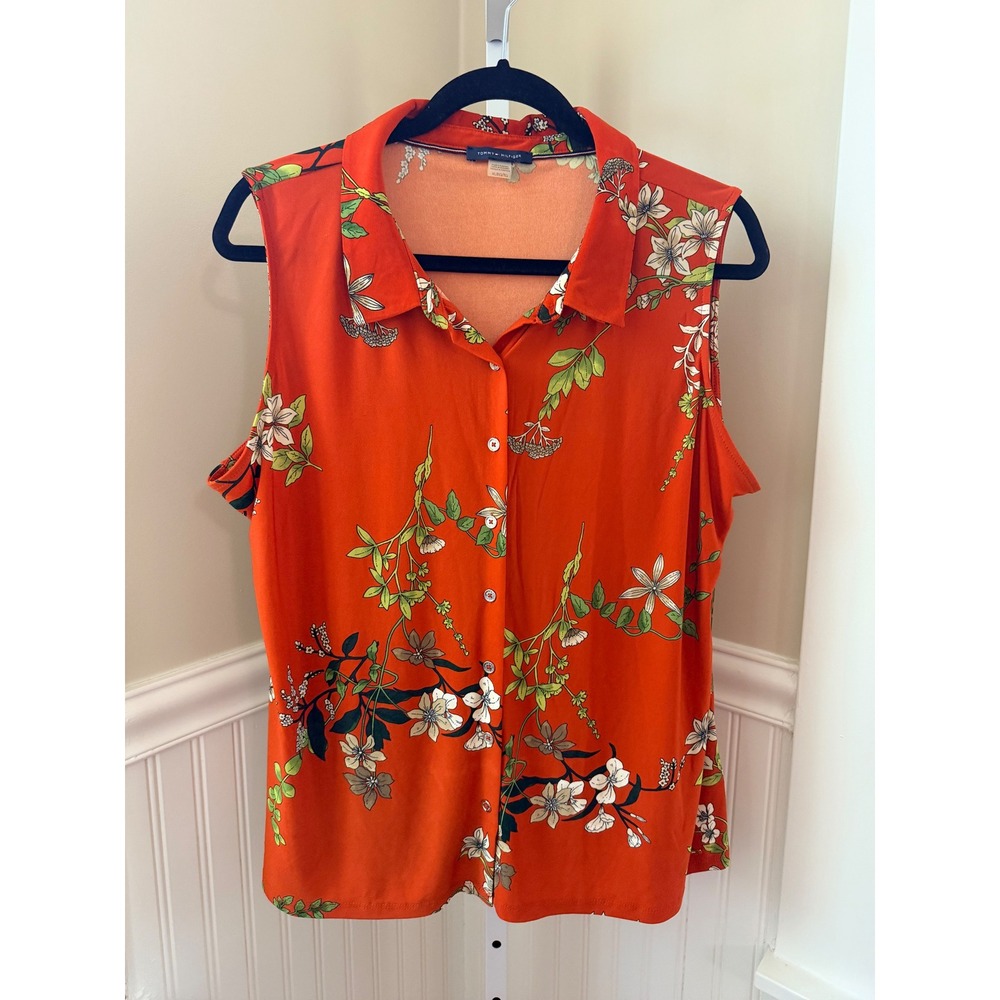 Tommy Hilfiger Sleeveless Button Down Floral Print Stretch Top Orange XL